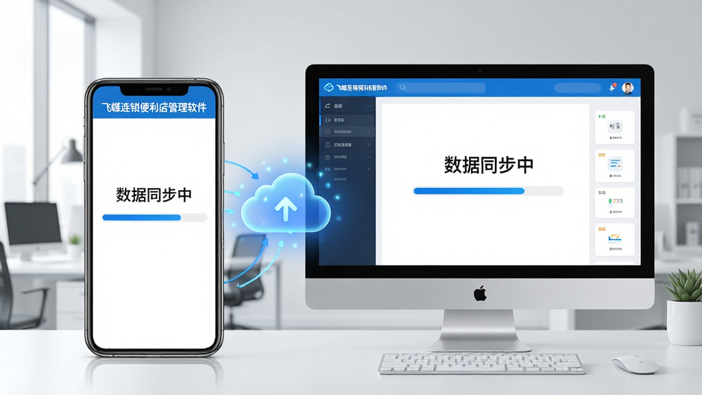 主体:手机和电脑并排显示飞蝶连锁便利店管理软件的数据同步界面。布局:左为手机屏幕,右为电脑显示器,中间有云同步图标。排版:界面显示“数据同步中”字样,进度条为蓝色。风格:科技感,背景为简洁的办公室。细节:屏幕上有“飞蝶连锁便利店管理软件”标识,云端图标闪烁。画质:高清,干净,无多余元素。
