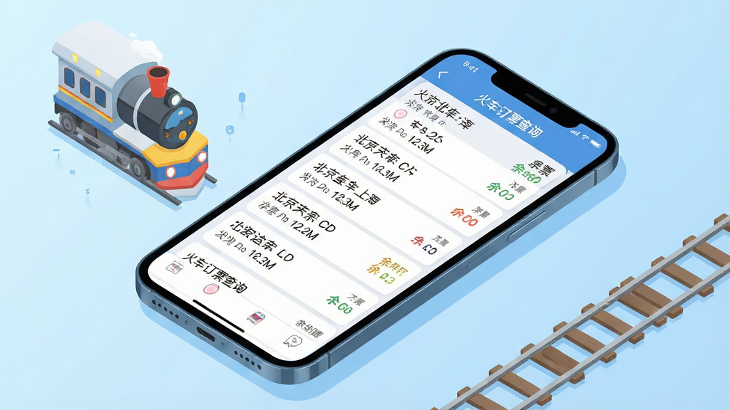 画面主体为一部亮屏的智能手机,屏幕正中央显示“火车订票查询”应用界面,界面清晰展示出从北京到上海的列车列表,包含车次、出发到达时间与余票数量。手机斜放在简洁的浅蓝色渐变背景上,旁边点缀着卡通风格的火车头与铁轨元素。布局干净,排版专业,采用扁平化设计风格,细节丰富,画质高清,整体氛围明亮且充满科技感,干净无多余元素。