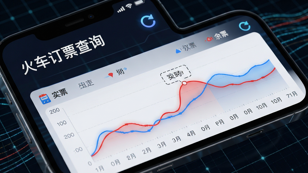 特写镜头展示手机横屏界面,应用名称“火车订票查询”显示在左上角,主屏幕以大数据图表形式直观展示多条线路的实时余票变化趋势,红蓝配色的数据曲线清晰醒目。背景为深色科技感网格,突出数据流动感。布局聚焦于屏幕内容,排版错落有致,风格现代动感,细节包含闪烁的刷新图标,画质细腻通透,干净无多余元素。