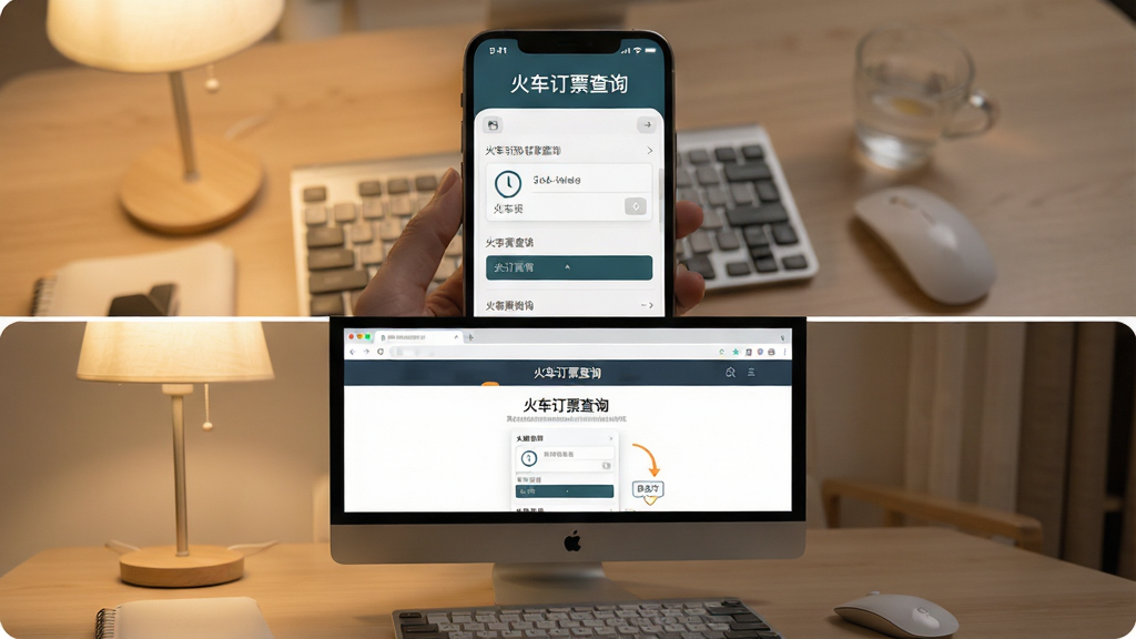 上下分屏构图,上半部分展示手机端“火车订票查询”的简洁查询界面,下半部分展示电脑浏览器中相同的功能页面,体现多端同步。画面中标注“火车订票查询”字样,背景为柔和的室内光线,布局清晰对比性强,风格写实,细节包括键盘与鼠标,画质柔和干净,无多余元素。