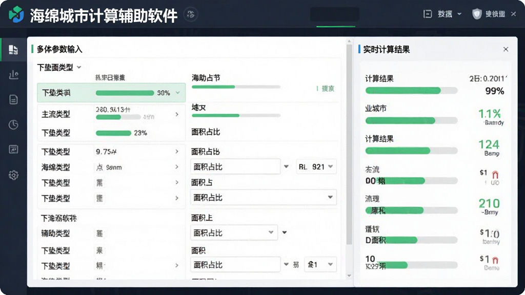 海绵城市计算辅助软件径流系数计算功能展示,主体为参数输入界面,布局包含下垫面类型列表与面积占比输入框,右侧实时显示计算结果,排版清晰,风格为数据分析仪表盘样式,细节包含绿色调进度条与数值标签,画质干净,无多余元素,图片中文字标注“海绵城市计算辅助软件”