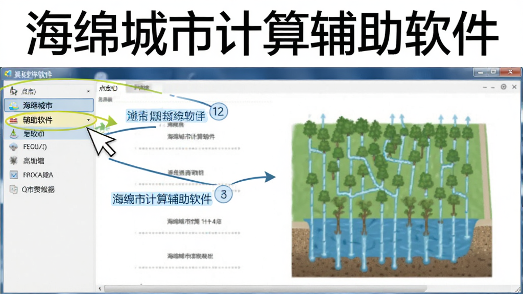 海绵城市计算辅助软件使用教程截图,主体为软件操作步骤演示,布局包含鼠标指针与高亮菜单,排版简洁,风格为教学示意图,细节标注点击顺序,画质清晰,无多余元素,图片中文字标注“海绵城市计算辅助软件”