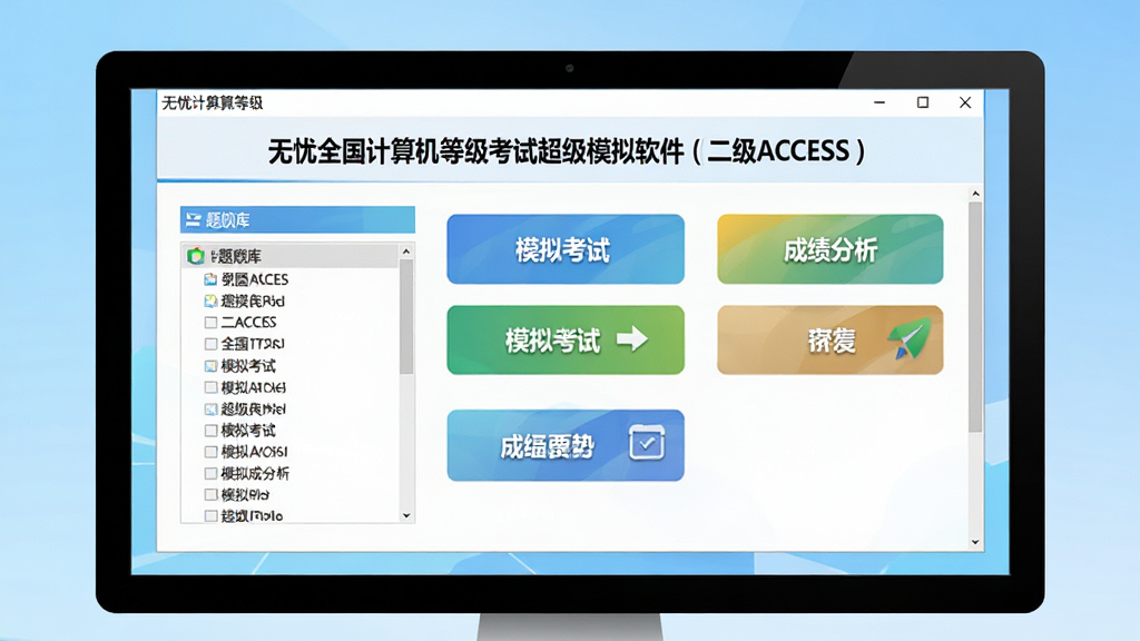 主体:无忧全国计算机等级考试超级模拟软件(二级ACCESS)的启动界面截图,电脑屏幕显示软件主界面,包含题库列表、模拟考试、成绩分析等按钮。布局:居中构图,软件界面清晰完整,背景为浅蓝色渐变。排版:界面整洁,按钮排列有序。风格:现代扁平化,色彩明亮。细节:界面文字显示“无忧全国计算机等级考试超级模拟软件(二级ACCESS)”,画质:高清,干净,无多余元素。