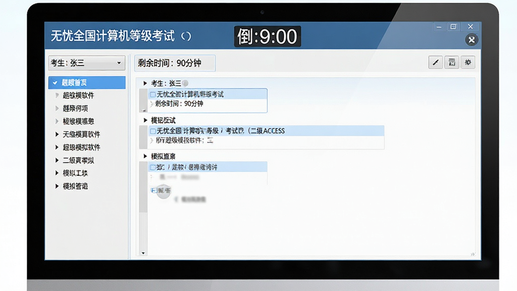主体:无忧全国计算机等级考试超级模拟软件(二级ACCESS)的模拟考试界面,电脑显示答题窗口,左侧为题目导航,右侧为操作区,顶部有倒计时。布局:左右结构,清晰展示考试状态。排版:信息层级分明,功能按钮醒目。风格:写实界面截图风格,色彩柔和。细节:界面中有“考生:张三”、“剩余时间:90分钟”等字样。画质:高清,干净,无多余元素。