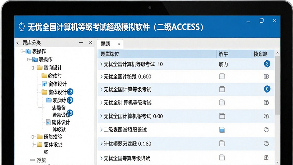 主体:无忧全国计算机等级考试超级模拟软件(二级ACCESS)的题库列表页面,电脑屏幕显示题目分类树形结构,包含“表操作”、“查询设计”、“窗体设计”等节点。布局:左侧树形菜单,右侧题目列表。排版:条理清晰,可快速定位。风格:简洁实用,蓝白配色。细节:题目数量以数字角标标注。画质:高清,干净,无多余元素。
