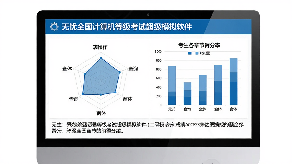 主体:无忧全国计算机等级考试超级模拟软件(二级ACCESS)的成绩分析页面,电脑屏幕显示雷达图和柱状图,展示考生各章节得分率。布局:图表居中,下方有文字总结。排版:数据可视化清晰。风格:简洁商务风,蓝色系。细节:图表中有“表操作”、“查询”、“窗体”等标签。画质:高清,干净,无多余元素。