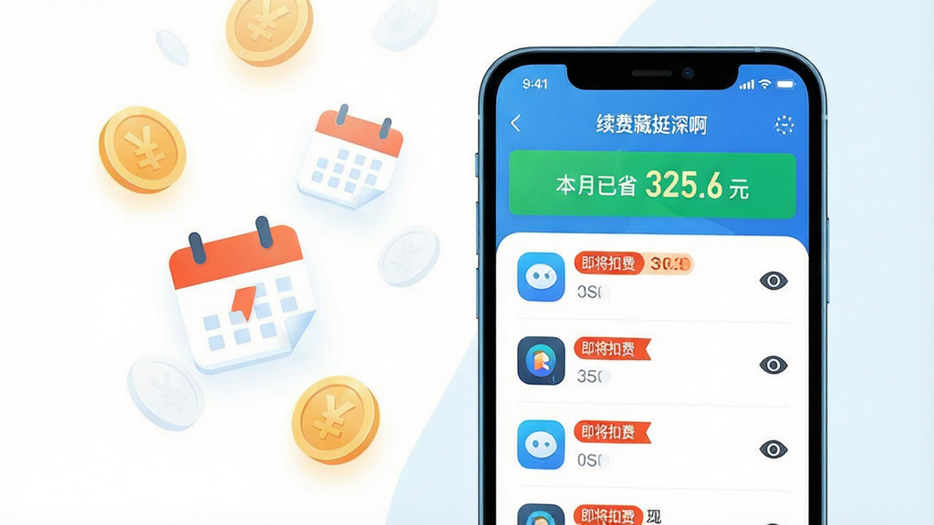 主体:一部亮屏的智能手机,屏幕界面显示「续费藏挺深啊」应用主界面,上面清晰罗列着多个APP图标及“即将扣费”红色标签。布局:手机位于画面中央偏右,左侧留白区域悬浮着几个半透明的金币与日历图标,暗示扣费周期。排版:界面信息采用列表式排列,顶部有“本月已省 325.6 元”的醒目绿色横幅。风格:扁平化矢量插画风格,色彩明快通透,主色调为清爽的蓝白配以警示橙红。细节:手机屏幕内每个条目右侧都有一个“小眼睛”图标,寓意“发现隐藏续费”。画质:4K超清,干净无多余元素。