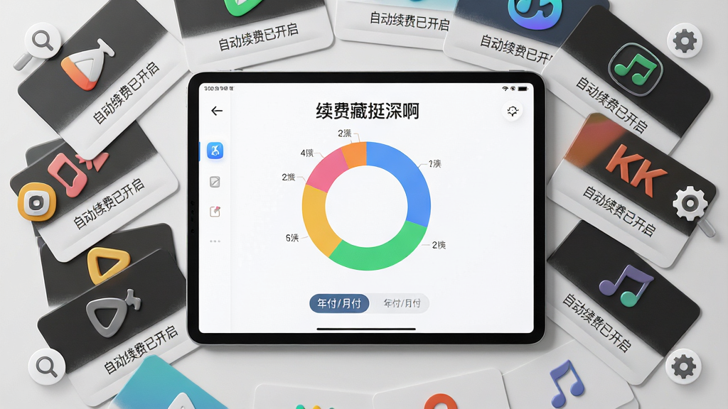 主体:一张俯视视角的办公桌面,桌面中央是「续费藏挺深啊」应用的平板界面,周围散落着各大视频、音乐平台的实体会员卡片。布局:平板界面作为视觉焦点居中,卡片呈扇形围绕摆放,边缘有放大镜与齿轮小图标。排版:平板屏幕内展示着彩色环形统计图,不同颜色代表不同服务类型,下方配有“年付/月付”筛选标签。风格:写实与UI界面结合的3D渲染风格,光影柔和自然。细节:每张会员卡片上都印有“自动续费已开启”的灰色小字。画质:8K分辨率,细节丰富,干净整洁。