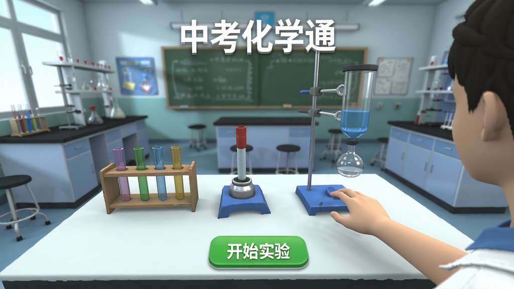 中考化学通实验模拟界面,展示一个3D化学实验台,有试管、酒精灯和气体收集装置,学生虚拟操作,界面有“开始实验”按钮,背景为实验室风格,立体渲染,标注“中考化学通”,清晰明亮,干净无多余元素