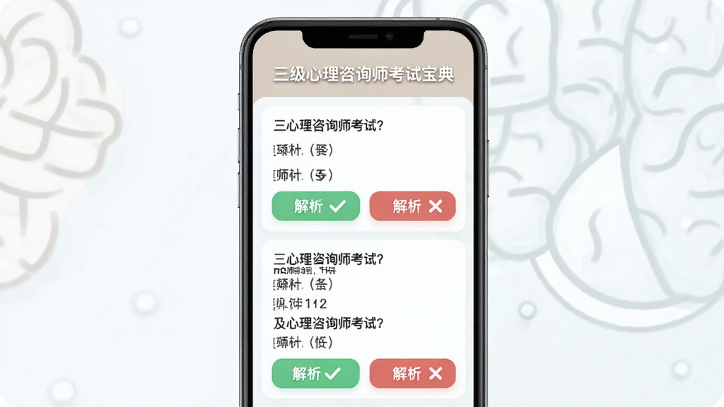 三级心理咨询师考试宝典智能题库界面预览,展示手机屏幕上的选择题列表,每题下方有解析按钮,配以绿色对勾和红色叉号图标,背景干净,色彩柔和,突出软件名称“三级心理咨询师考试宝典”,画质清晰,无多余元素。