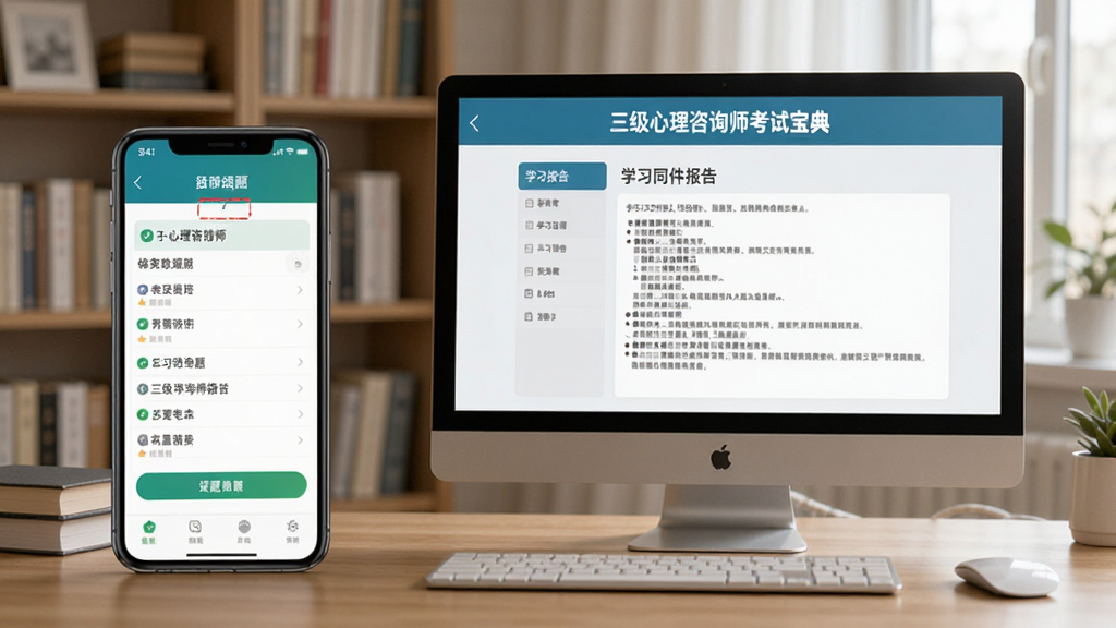 三级心理咨询师考试宝典使用指南插图,展示手机与电脑同步学习的场景,手机屏幕显示刷题界面,电脑屏幕显示学习报告,背景为书房,风格写实,突出软件名称,画质干净,无多余元素。