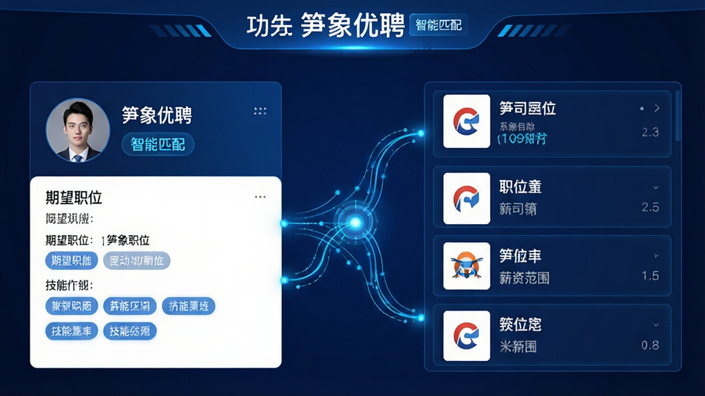 主体:“笋象优聘”智能匹配功能界面截图。布局:左侧为候选人简历信息卡片,右侧为系统推荐的职位列表,中间以一条发光的连线连接,寓意精准匹配。排版:上下结构,上方是功能标题栏,下方左右分栏。风格:科技感与现代感结合,采用深蓝色背景,搭配亮蓝色的数据流动线条。细节:简历卡片上包含头像、期望职位、技能标签;职位卡片包含公司Logo、职位名称、薪资范围。文字内容需包含“笋象优聘”、“智能匹配”字样。画质:高清,具有未来感,干净无多余元素。