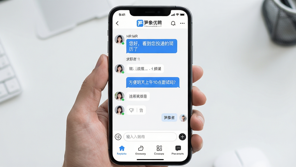 主体:“笋象优聘”APP内聊天界面预览。布局:屏幕被分为上下两部分,上方为对话窗口,显示求职者与HR的图文消息,下方为输入框和功能按钮。排版:对话气泡左右分明,清晰展示聊天内容。风格:清爽简洁的UI设计,白色背景,蓝色气泡为主,整体视觉舒适。细节:聊天界面需显示“笋象优聘”的Logo,消息内容包括“您好,看到您投递的简历了”、“方便明天上午10点面试吗?”等。画质:清晰,真实,干净无多余元素。