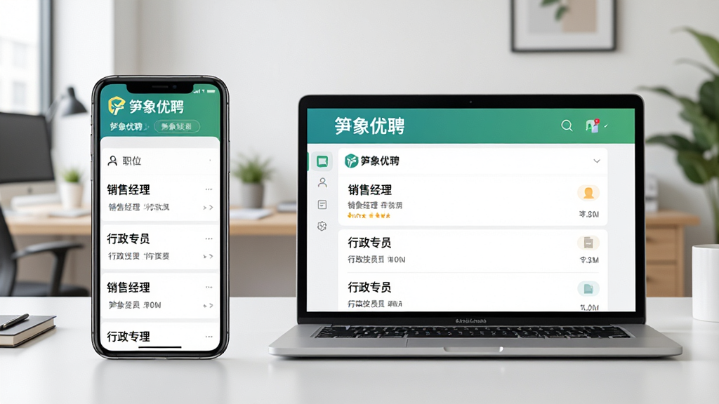 主体:一张展示“笋象优聘”在不同设备上运行的场景图。布局:画面左侧是一部智能手机,右侧是一台笔记本电脑,屏幕上都清晰显示着“笋象优聘”的职位列表。排版:设备并排摆放,背景是简洁的办公室或居家环境。风格:写实风格,光线明亮,色彩自然。细节:手机和电脑屏幕上需显示“笋象优聘”Logo和具体的职位信息,如“销售经理”、“行政专员”等。画质:高清,画面干净,无多余元素。