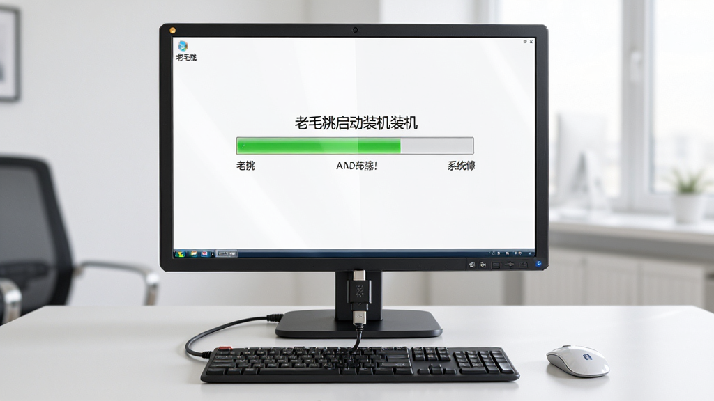 老毛桃U盘启动装机工具安装系统过程图,电脑屏幕显示进度条,U盘插在主机上,背景为简洁办公桌,布局居中,风格写实,细节高光,画质清晰,干净无多余元素