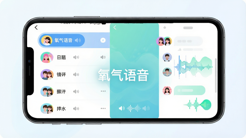 氧气语音APP界面预览图,主体为手机屏幕展示语音聊天室场景,布局采用左右分栏,左侧是房间列表,右侧是聊天互动区,排版简洁明快,风格现代清新,细节包括彩色头像、音量波形动画,画质高清干净,无多余元素,屏幕中央显示“氧气语音”字样