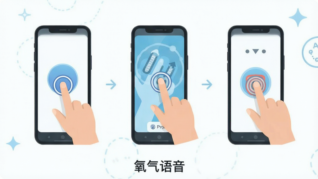 氧气语音使用教程示意图,主体为手机操作手势指引,布局为分步图示,排版清晰,风格扁平化,细节包括点击、滑动、长按等手势,画质简洁明了,无多余元素,图片底部标注“氧气语音”
