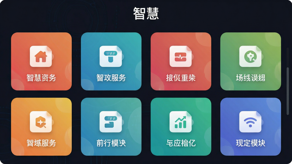 展示智慧应用内部的功能模块划分界面,采用宫格布局,每个图标代表不同服务,图标设计简洁明快,色彩丰富但不刺眼,界面顶部显示