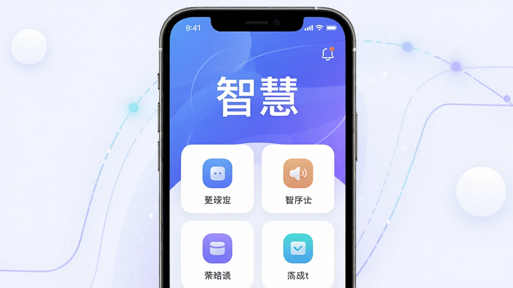 主视觉展示智慧应用的核心界面,以智能手机为承载主体,屏幕内清晰显示