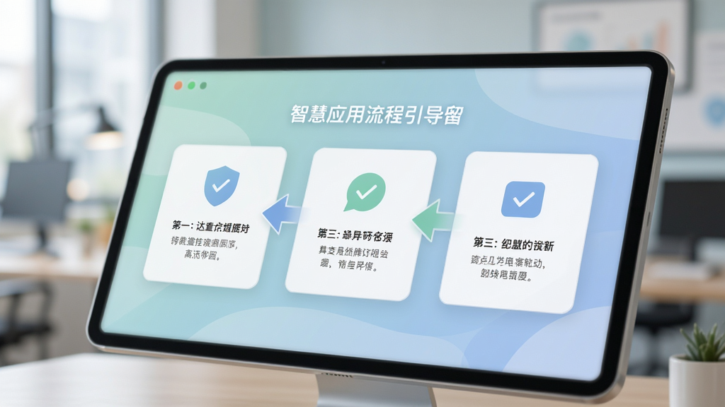 描绘智慧应用的流程引导界面,屏幕上以卡片形式展示操作步骤指引,带有箭头和文字说明,背景虚化处理,突出前景的引导内容,色调柔和,界面风格清爽,强调指引的清晰性和易读性,整体画面干净专业。