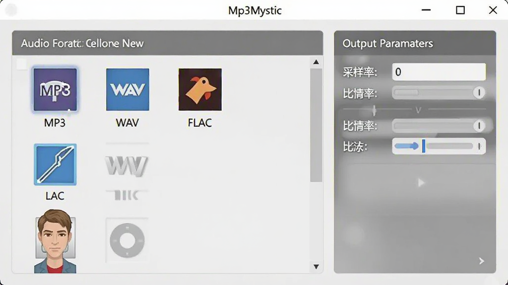 展示Mp3Mystic软件格式转换功能的界面截图,界面中央为音频格式选择列表,包含MP3、WAV、FLAC等格式图标,右侧为输出参数设置面板,有采样率和比特率选项,背景为浅灰色,突出功能布局,文字标签清晰可见,画质干净,无多余元素。