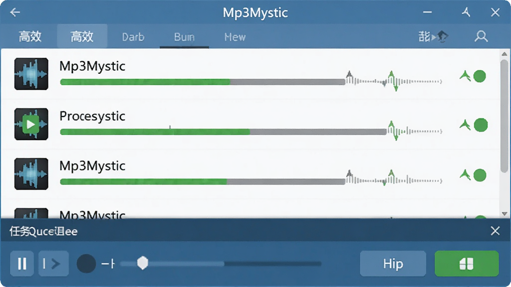 展示Mp3Mystic批量处理功能的界面截图,界面中多个音频文件排列成列表,每个文件旁有处理进度条和状态图标,下方为任务队列管理栏,包含暂停、继续按钮,整体风格简洁明亮,突出高效批量处理的特点,画质干净,无多余元素。