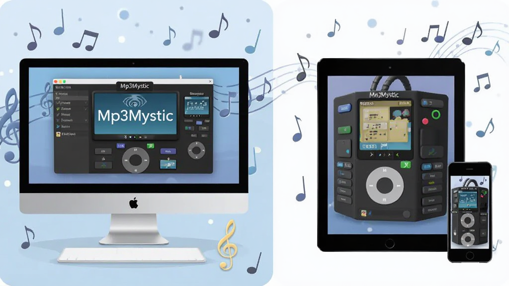 一张展示Mp3Mystic软件在电脑和移动设备上使用的对比图,左侧为台式机屏幕显示软件界面,右侧为平板电脑显示软件界面,周围有音乐符号和音符装饰,风格简洁现代,突出跨平台使用的便利性,画质清晰,无多余元素。