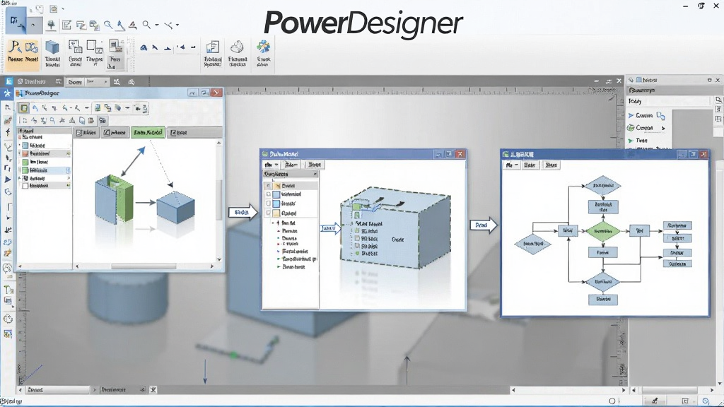 PowerDesigner 多模型驱动设计功能预览图,画面中展示多个窗口平铺,分别显示需求模型、数据模型和业务流程图,窗口之间用箭头连接表示模型间关联,背景为工作台界面,整体风格简洁明了,突出模型转换与同步功能,软件名称