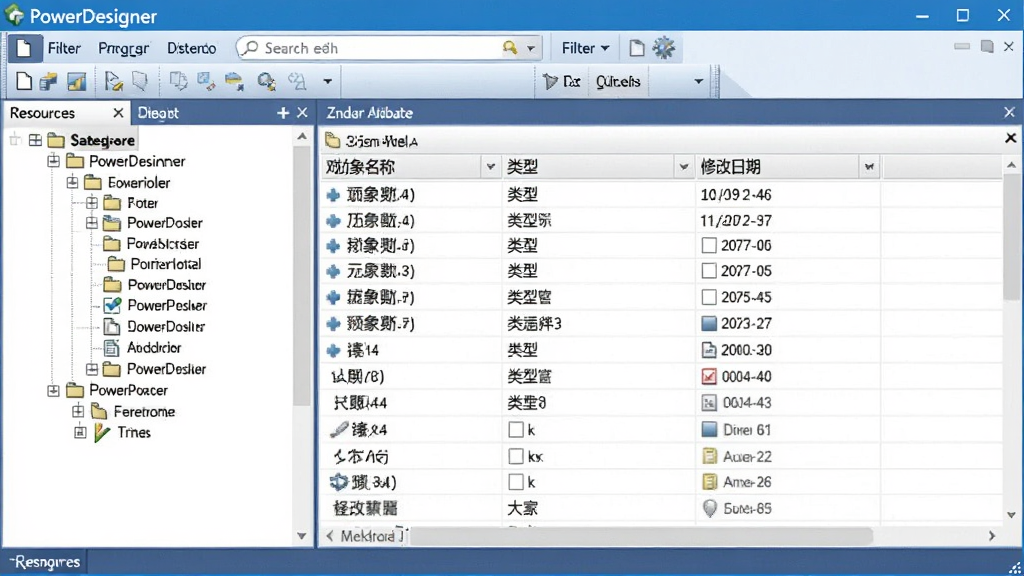 PowerDesigner 元数据管理功能预览图,画面展示资源树中分类存放的模型列表,右侧显示元数据属性表格,包含对象名称、类型、修改日期等字段,界面风格专业,采用蓝白配色,顶部有搜索栏和过滤条件,体现企业级管理特性,软件名称