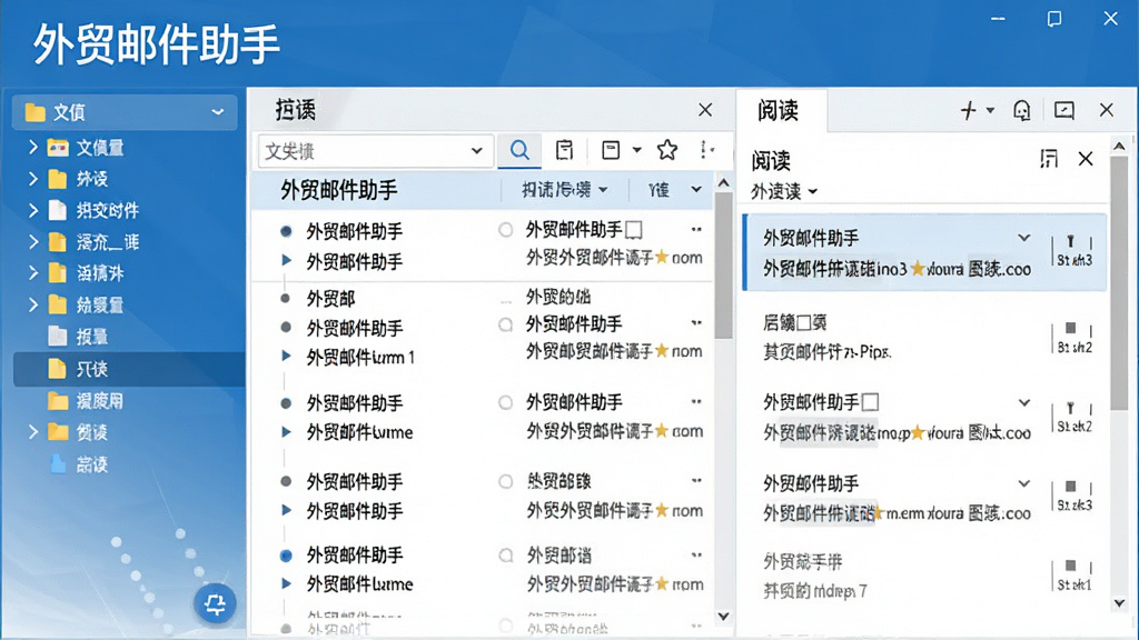 图片展示外贸邮件助手主界面,左侧为文件夹列表,右侧为邮件列表和阅读窗格,整体布局清晰,采用蓝色商务风格,画质干净,无多余元素,文字标注“外贸邮件助手”