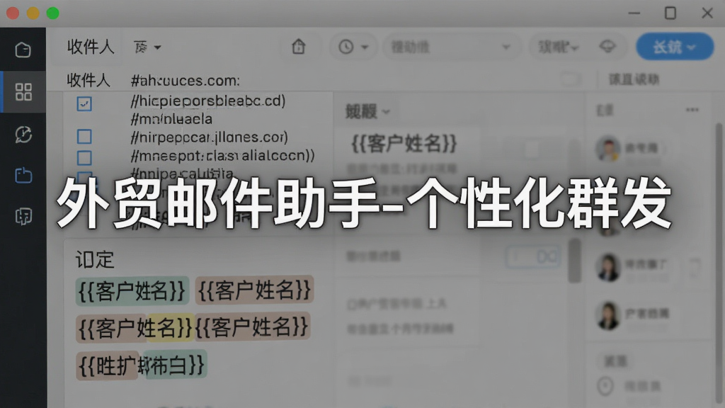 展示软件中编辑邮件的界面,收件人一栏有多个地址,正文区域包含“{{客户姓名}}”等变量标签,界面简洁,突出个性化群发功能,画质清晰,无多余元素,文字标注“外贸邮件助手-个性化群发”