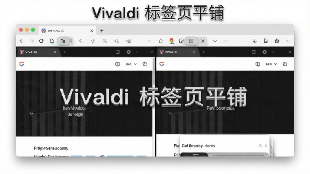 Vivaldi浏览器标签页堆叠与平铺功能演示图,主体是浏览器窗口内并排显示两个网页,布局为左右分屏,风格简洁直观,细节展示标签页堆叠的视觉状态,画质清晰,标注文字“Vivaldi 标签页平铺”,干净无多余元素