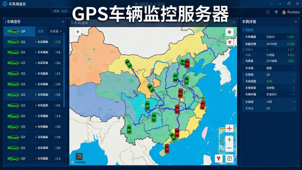 一张现代化的GPS车辆监控服务器软件界面截图,主体为深蓝色科技风格,左侧显示车辆列表,中间为彩色电子地图,地图上分布着多个绿色和红色的小车图标,右侧显示车辆详细信息面板,布局清晰,排版整洁,风格专业,细节丰富,画质清晰干净,无多余元素,图片上文字标注
