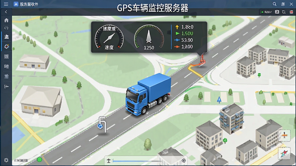 GPS车辆监控服务器软件实时定位功能预览图,主体为电子地图界面,中央有一辆蓝色卡车图标,周围有道路和建筑,地图上方显示速度、方向角等数据悬浮窗,布局居中,排版清晰,风格写实,细节丰富,画质高清干净,无多余元素,图片上文字标注