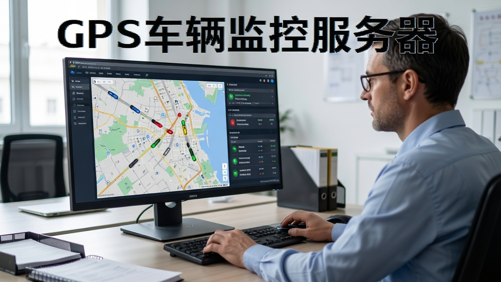 GPS车辆监控服务器软件实际应用场景图,主体为一名管理人员正在电脑前查看监控大屏,屏幕上显示着地图和车辆信息,周围有办公桌椅,布局自然,排版合理,风格写实,细节丰富,画质清晰干净,无多余元素,图片上文字标注