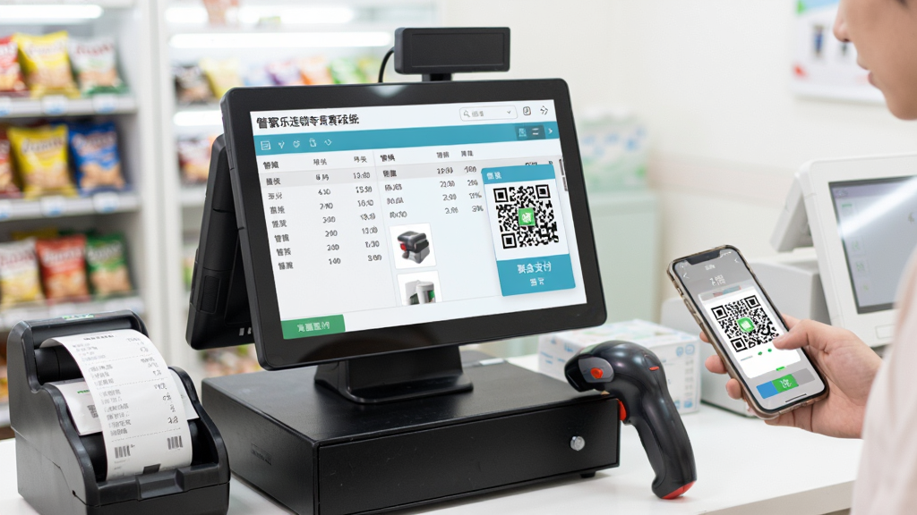 画面主体为便利店收银台场景,收银员正在使用管家乐连锁专卖管理系统进行结账操作,屏幕显示商品明细与聚合支付二维码,布局采用正面视角,风格明亮清新,细节包括小票打印机、扫码枪、顾客手机支付画面,画质清晰干净,无多余元素