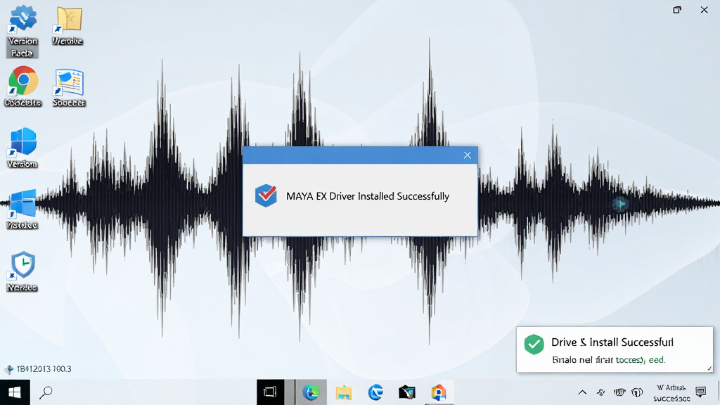 主体:Windows 10/11系统桌面,右下角提示驱动安装成功;布局:桌面壁纸为抽象声波图,任务栏清晰;排版:弹窗提示“MAYA EX Driver Installed Successfully”;风格:系统截图风格,真实感;细节:图标整齐,系统版本号可见;画质:清晰,干净,无多余元素。