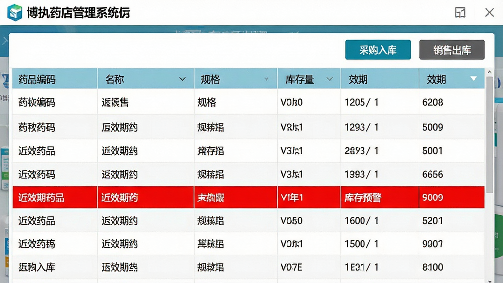 一张博执药店管理系统药品库存管理界面截图,画面中央为药品列表,显示药品编码、名称、规格、库存量、效期等列,顶部有“采购入库”“销售出库”按钮,表格行中有一行用红色高亮标记近效期药品,整体风格专业整洁,文字标注“库存预警”,画质干净