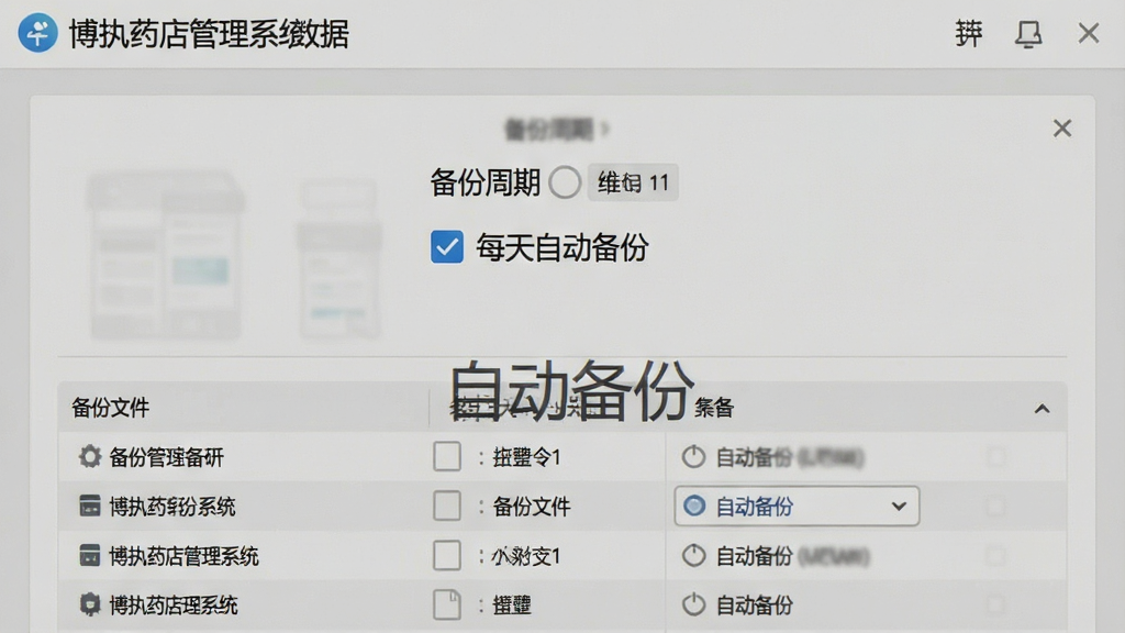 一张博执药店管理系统数据备份设置界面截图,画面中央为备份周期选项,勾选“每天自动备份”,下方显示备份文件列表,风格简洁,文字标注“自动备份”,画质干净