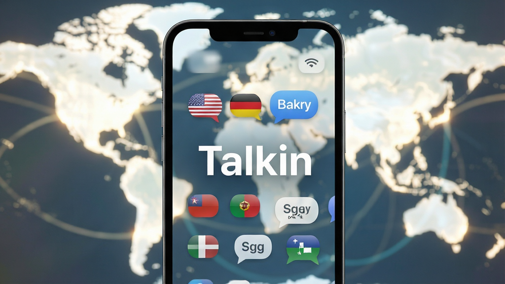 一张智能手机屏幕特写,屏幕中央显示“Talkin”应用的主界面,界面风格现代简约,有多个国家国旗图标和语言气泡元素,背景是模糊的全球地图光影,整体色调明亮清新,构图居中,画质清晰,干净无多余元素