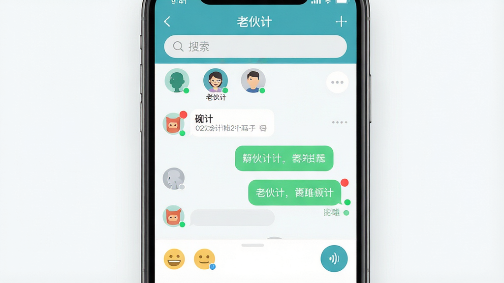 一幅现代风格的数字聊天软件宣传图,主体是手机屏幕中显示“老伙计”聊天界面,界面布局清爽,上方有搜索栏和联系人列表,中间是对话气泡,底部有表情图标和语音按钮,整体排版简洁明快,扁平化设计风格,细节包括未读消息红点、在线状态绿点,画质高清干净,无多余元素