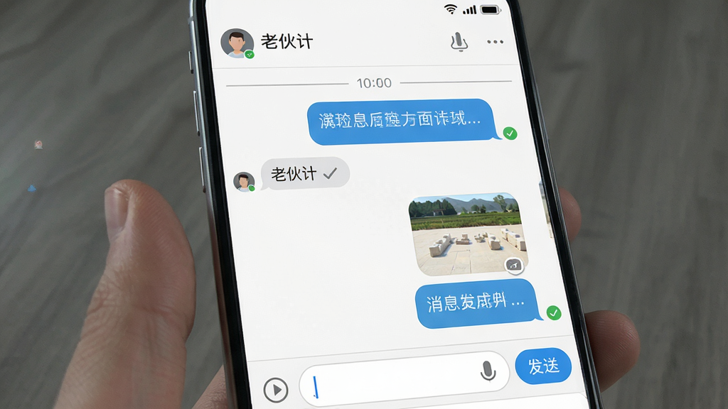 展示“老伙计”软件在手机上的消息发送界面,主体是对话框中有多条文字和图片消息,布局上方为联系人名称,中间为时间分隔线和气泡消息,下方为输入框和发送按钮,排版清晰,界面风格简约,细节包括消息双勾已读标识和网络信号图标,画质高清干净,无多余元素