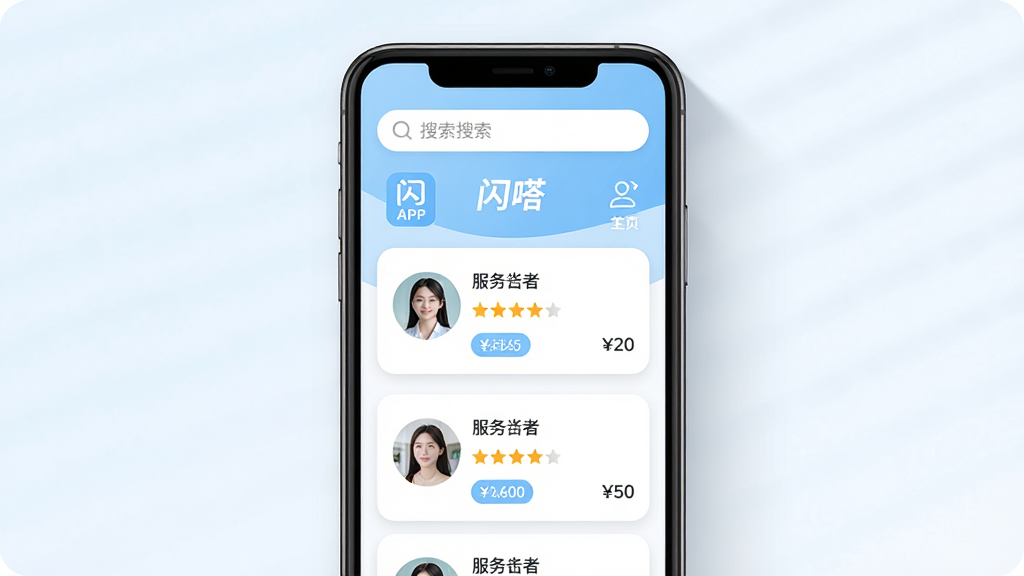 主体:闪嗒APP主界面展示,手机屏幕内显示地陪服务列表与个人主页;布局:手机居中,屏幕内容清晰可见,上方为搜索栏,下方为卡片式服务列表;排版:简洁现代,信息层级分明,卡片圆角设计;风格:清新自然,浅蓝与白色主色调,配以柔和阴影;细节:屏幕中突出“闪嗒”品牌标识,卡片上显示服务者头像、评分和价格标签;画质:高清,干净,无多余元素。
