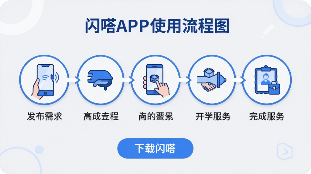主体:闪嗒APP使用流程图,展示从发布需求到完成服务的步骤;布局:流程从左到右分为五个节点,每个节点配有图标和文字说明,底部有“下载闪嗒”按钮;排版:横向排列,箭头连接,清晰明了;风格:简洁插画风,主色蓝白搭配,背景浅灰;细节:每个节点图标为圆形,文字简洁,整体干净无多余元素;画质:高清,干净,无多余元素。