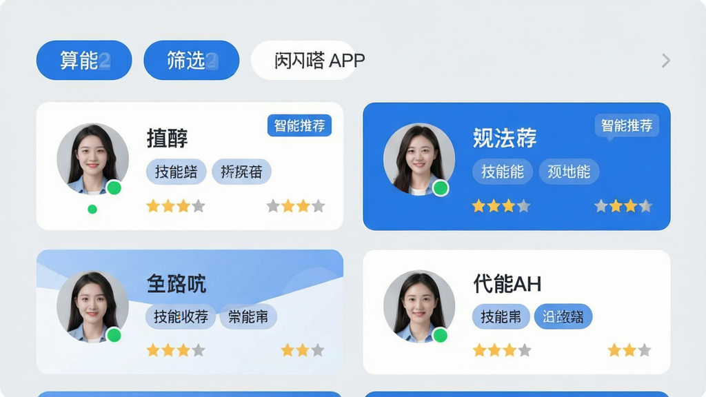 主体:闪嗒APP匹配页面,展示算法推荐的地陪卡片;布局:页面顶部为筛选标签栏,下方为2列卡片流,每张卡片含头像、昵称、技能标签与评分;排版:卡片均匀排列,留白适中,信息清晰易读;风格:扁平化设计,主色为蓝色与白色,搭配浅灰背景;细节:卡片上显示“智能推荐”小标签,头像下方有绿色在线圆点;画质:高清,通透,无多余元素。
