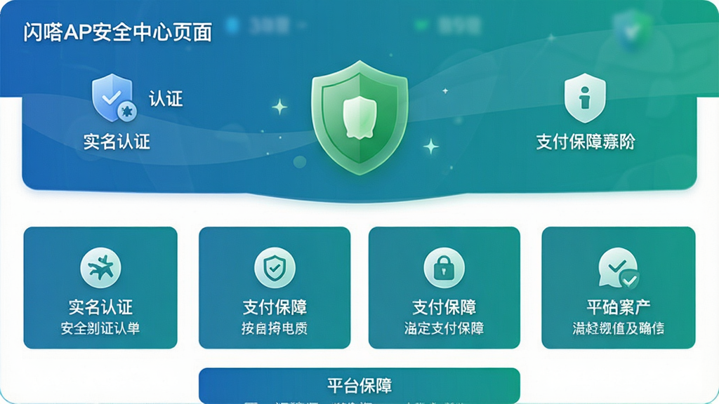 主体:闪嗒APP安全中心页面,展示实名认证、支付保障等图标;布局:页面分为上下两栏,上方为安全状态总览,下方为功能入口列表;排版:图标与文字并排,绿色盾牌图标居中醒目;风格:简约商务,蓝绿色调,强调信任感;细节:每个功能入口配有简短说明文字,底部显示“平台保障”字样;画质:清晰,干净,无多余元素。