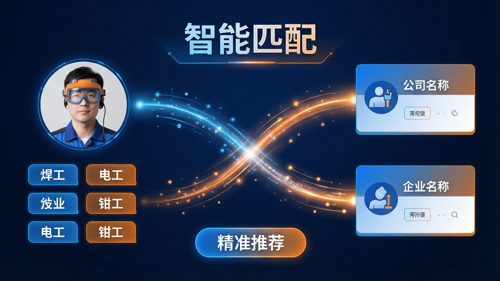 主体:一个抽象的数据匹配过程,左侧是求职者头像与技能标签,右侧是企业职位卡片,中间有光线连接。布局:左右对称,中间有动态光效连接。排版:上方有“智能匹配”字样,下方有“精准推荐”按钮。风格:科技感,蓝色与橙色搭配。细节:头像清晰,技能标签如“焊工”“电工”“钳工”,职位卡片显示公司名称。画质:高清,干净明亮。