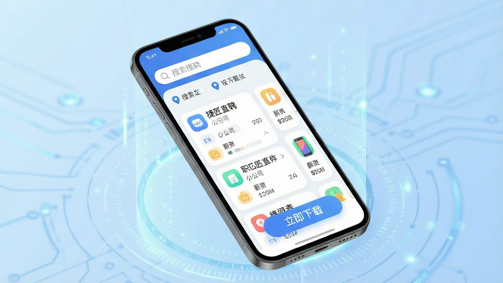 主体:一部智能手机屏幕显示“捷匠直聘”APP主界面,界面风格简洁现代,上方有搜索栏和定位信息,中间是职位推荐卡片列表。布局:手机位于画面中央,背景为浅蓝色渐变,四周有淡淡的科技感光效。排版:手机倾斜约15度,屏幕内容清晰可辨,下方有“立即下载”按钮。风格:扁平化设计,色彩明快,强调专业与信赖。细节:卡片上显示职位名称、公司名称、薪资范围,界面图标圆润。画质:高清渲染,干净无多余元素。