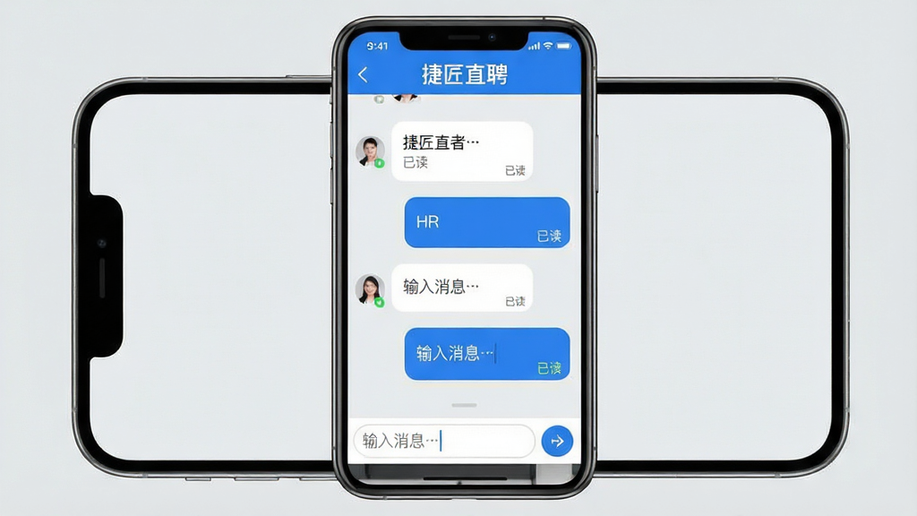 主体:手机聊天界面截图,显示求职者与HR的对话,消息气泡对方已读。布局:手机居中,背景为淡灰色。排版:屏幕上方有“捷匠直聘”字样,下方有输入框与发送按钮。风格:简洁商务,蓝白配色。细节:消息气泡圆润,有“已读”小字标识,输入框有“输入消息…”提示。画质:清晰,无多余元素。