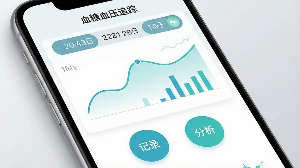 画面主体为智能手机屏幕特写,屏幕中央显示“血糖血压追踪”APP主界面,界面上方是日期切换栏,中部为一条平滑的血糖趋势折线图与血压柱状图,图表配色以蓝绿色系为主,清新明快;下方有“记录”与“分析”两个圆形按钮。整体布局干净,扁平化设计风格,背景为浅灰色渐变,手机略微倾斜,侧面有柔和光影,画质清晰,干净无多余元素